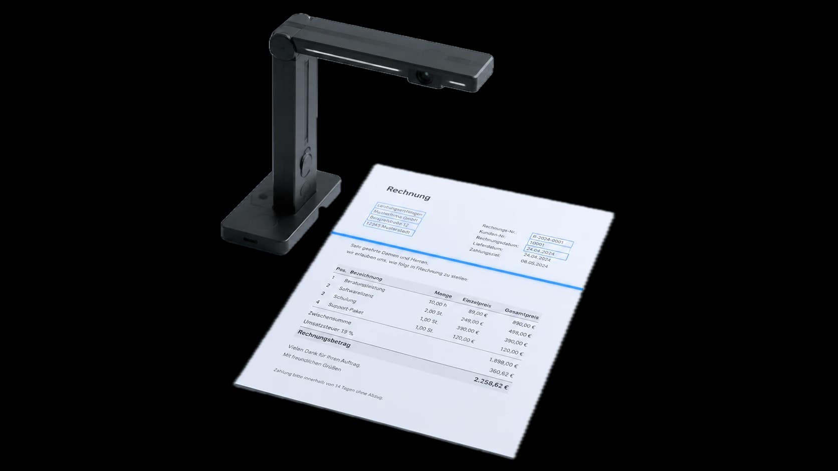 Ein Scanner erfasst eine Rechnung; erkannte Felder wie Rechnungsnummer und Datum sind hervorgehoben.